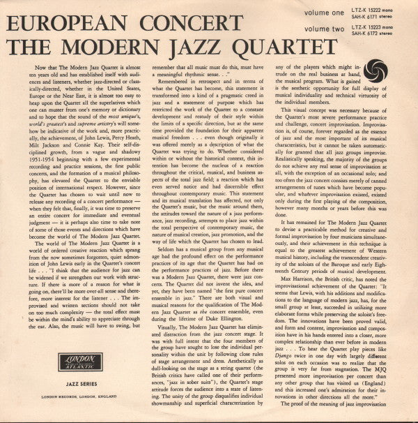 The Modern Jazz Quartet : European Concert: Volume Two (LP, Album, Mono)