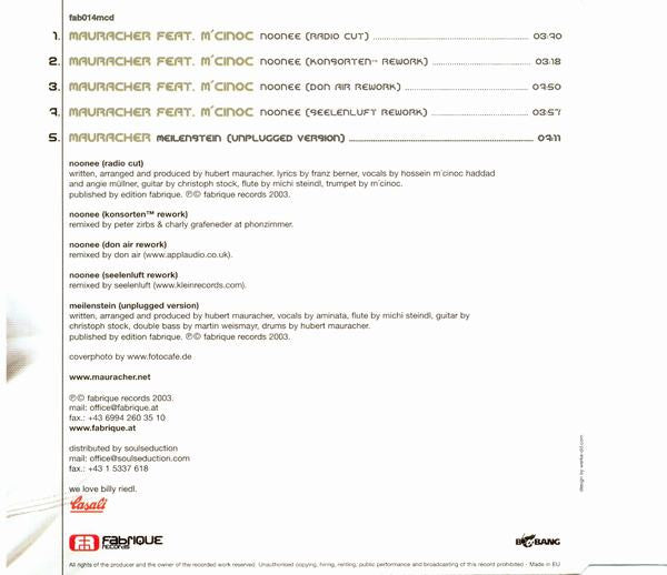 Mauracher Featuring M'Cinoc : Noonee (CD, Maxi)