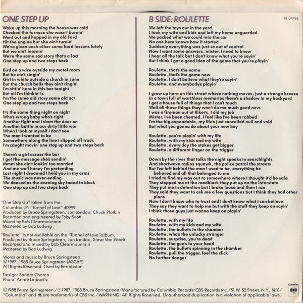 Bruce Springsteen : One Step Up (7", Single, Car)