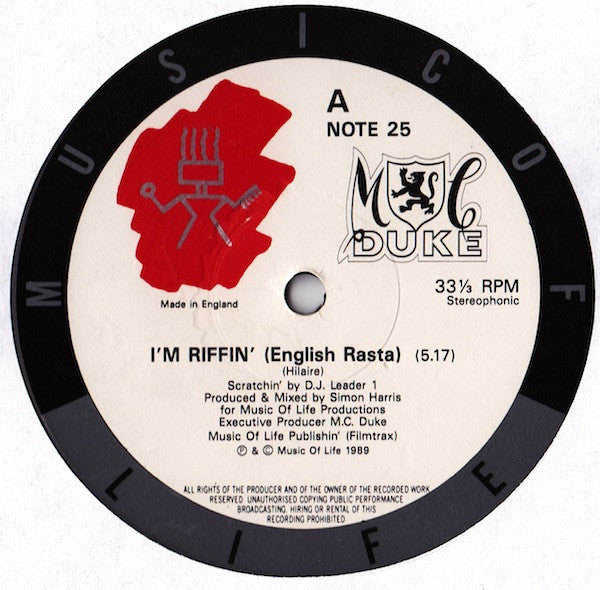 MC Duke : I'm Riffin' (English Rasta) (12", Single)