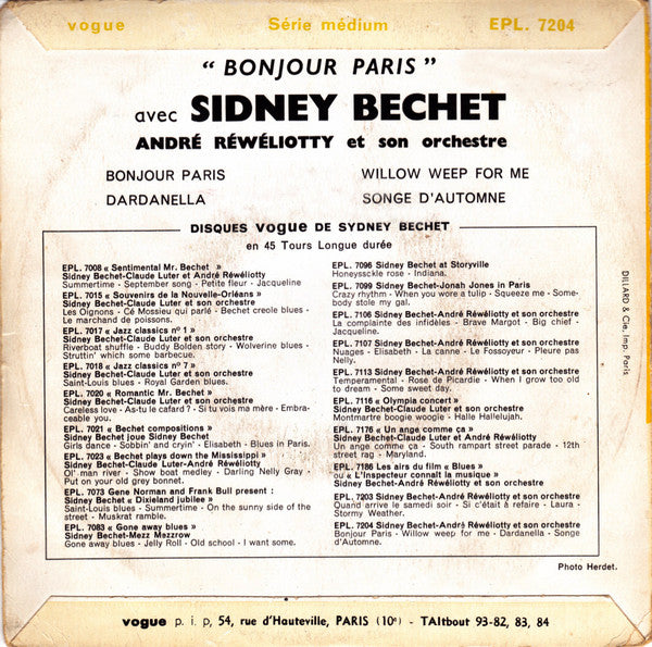 Sidney Bechet & André Réwéliotty Et Son Orchestre : Bonjour Paris... (7", EP, RE)