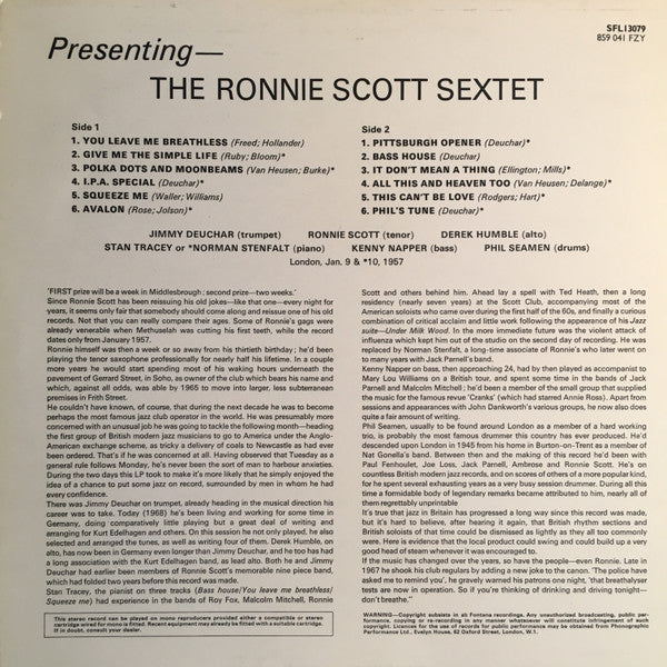 The Ronnie Scott Sextet : Presenting The Ronnie Scott Sextet (LP, RE)