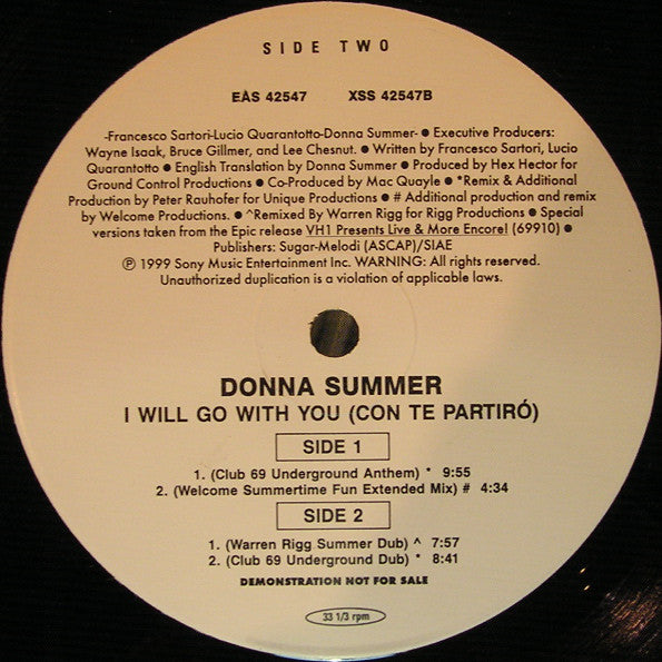 Donna Summer : I Will Go With You (Con Te Partiró) (Promo #2) (12", Promo)