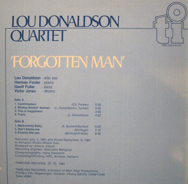 Lou Donaldson Quartet Featuring Herman Foster : 'Forgotten Man' (LP, Album, Mono)