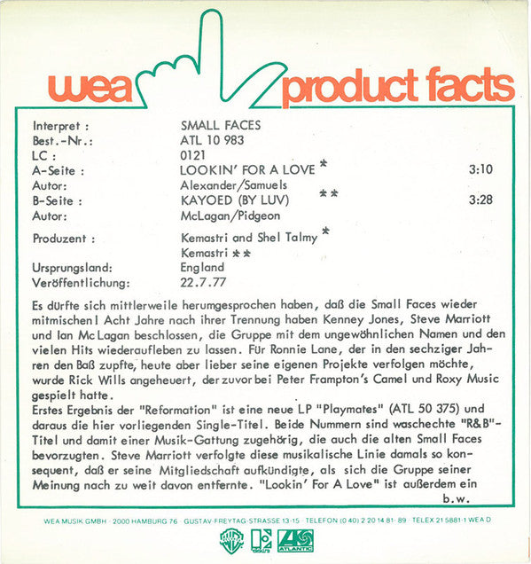 Small Faces : Lookin' For A Love B/W Kayoed (By Luv) (7", Single)