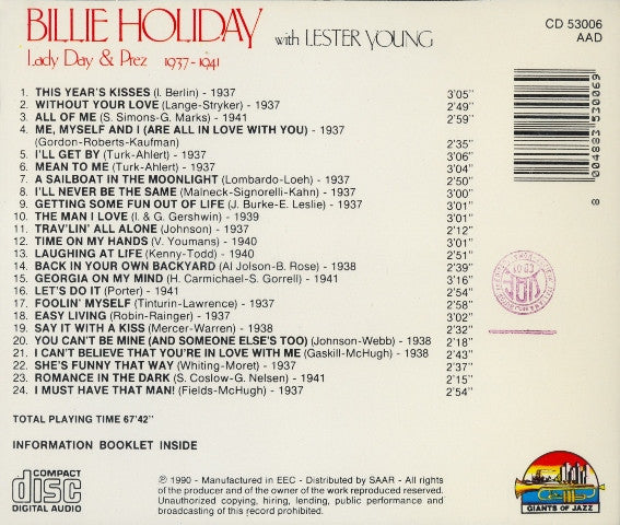 Billie Holiday with Lester Young : Lady Day & Prez - 1937-1941 (CD, Comp)