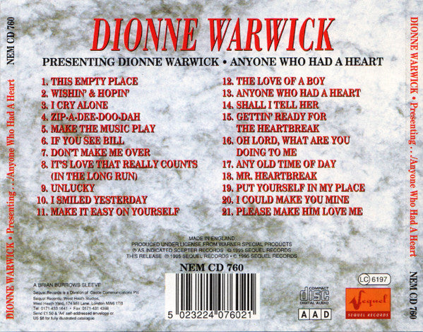 Dionne Warwick : Presenting Dionne Warwick  •  Anyone Who Had A Heart (CD, Album, Comp, RE)