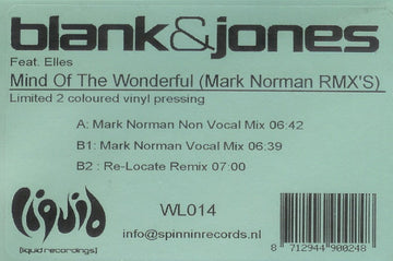 Blank & Jones Feat. Elles* : Mind Of The Wonderful (Mark Norman Rmx's) (12", Ltd, TP, W/Lbl, Cle)