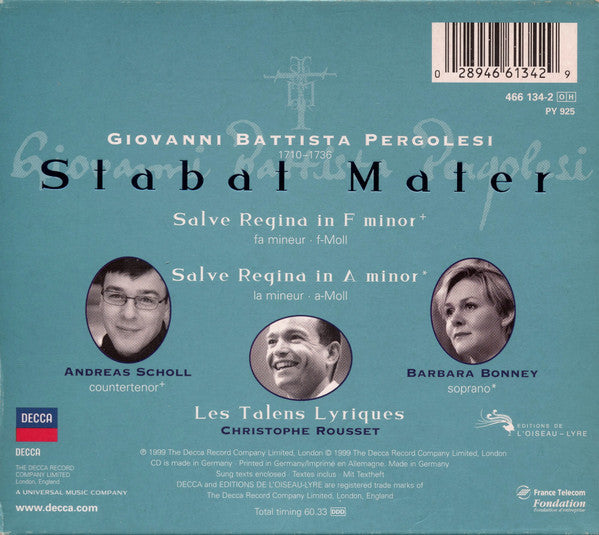 Giovanni Battista Pergolesi / Andreas Scholl, Barbara Bonney, Les Talens Lyriques, Christophe Rousset : Stabat Mater (CD, Album)