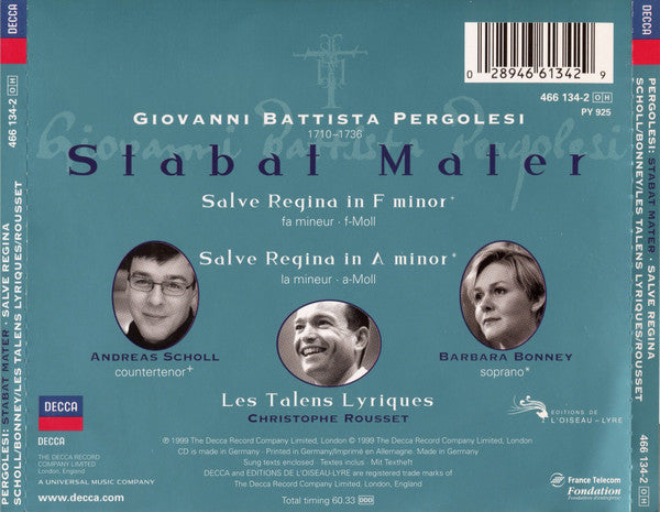 Giovanni Battista Pergolesi / Andreas Scholl, Barbara Bonney, Les Talens Lyriques, Christophe Rousset : Stabat Mater (CD, Album)