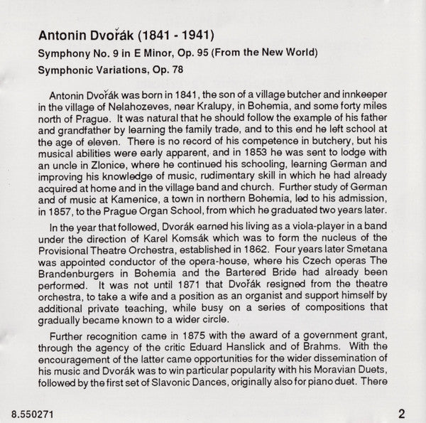 Antonín Dvořák, Slovak Philharmonic Orchestra, Stephen Gunzenhauser : Symphony No. 9 "From The New World", Symphonic Variations (CD, Album)