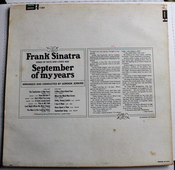 Frank Sinatra : September Of My Years (LP, Album, Mono)