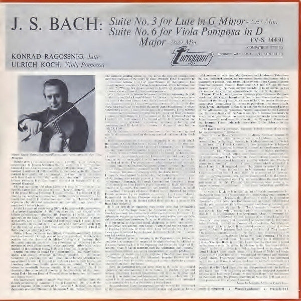 Johann Sebastian Bach : Bach Suite No. 3 For Lute In G Minor, Suite No. 6 For Viola Pomposa In D Major (LP)