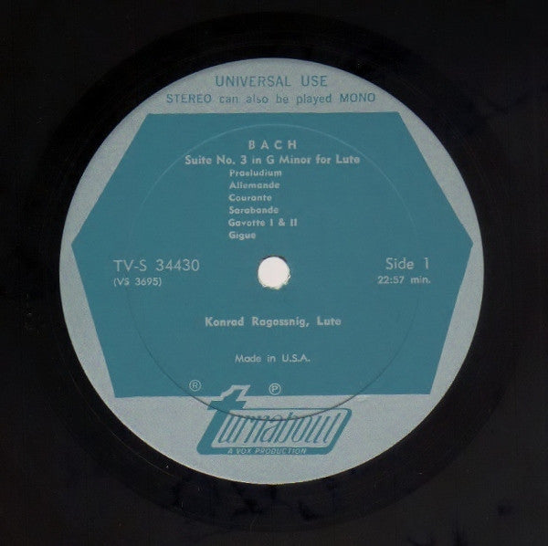 Johann Sebastian Bach : Bach Suite No. 3 For Lute In G Minor, Suite No. 6 For Viola Pomposa In D Major (LP)