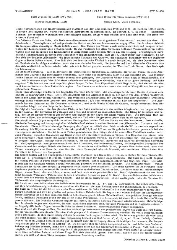 Johann Sebastian Bach : Bach Suite No. 3 For Lute In G Minor, Suite No. 6 For Viola Pomposa In D Major (LP)