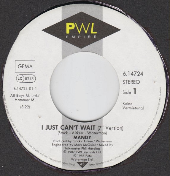 Mandy Smith : I Just Can't Wait (7", Single)