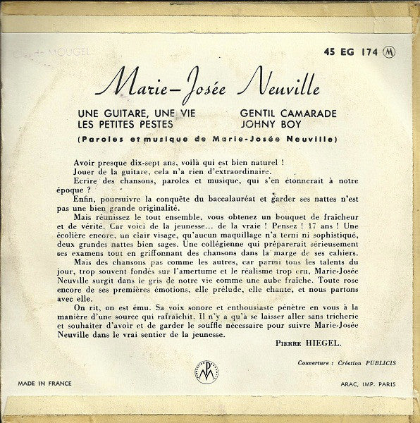 Marie-Josée Neuville : Une Guitare, Une Vie (7", EP)