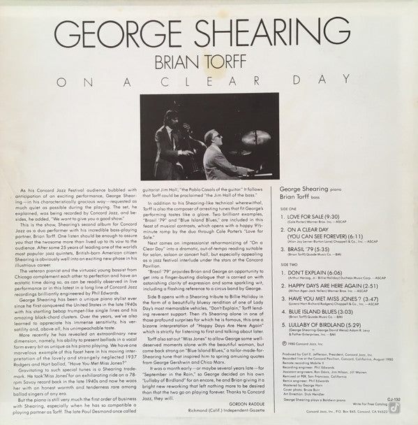 George Shearing & Brian Torff : On A Clear Day (LP, Album)