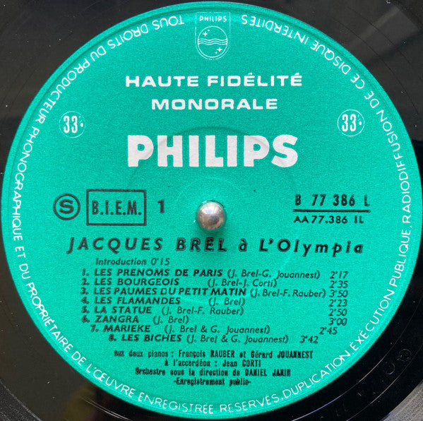 Jacques Brel : Enregistrement Public À L'Olympia (LP, Album, Mono)