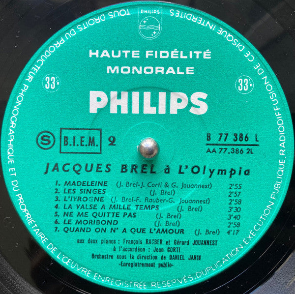 Jacques Brel : Enregistrement Public À L'Olympia (LP, Album, Mono)