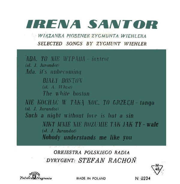 Irena Santor : Wiązanka Piosenek Zygmunta Wiehlera (7", EP, Mono)
