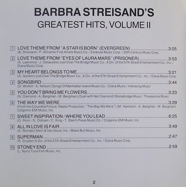 Barbra Streisand : Barbra Streisand's Greatest Hits - Volume 2 (CD, Comp)