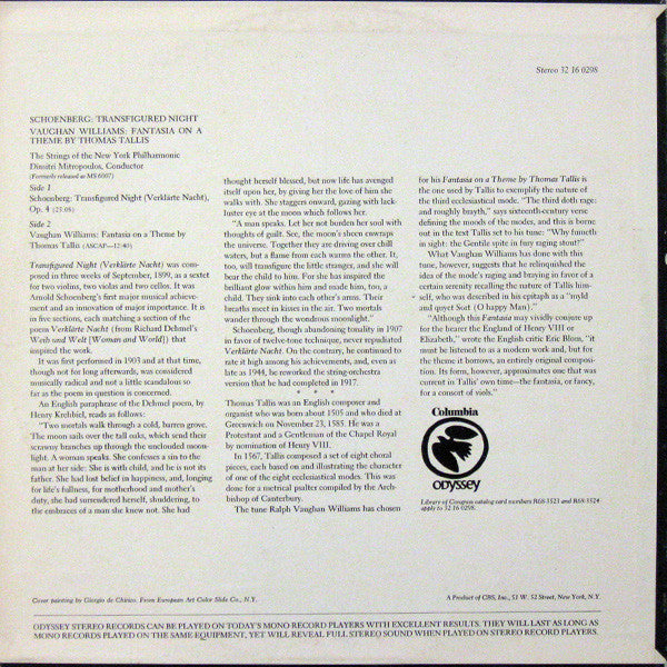 Arnold Schoenberg / Vaughan Williams* - Mitropoulos* / The Strings Of The New York Philharmonic : Transfigured Night / Fantasia On A Theme By Thomas Tallis (LP, RE)