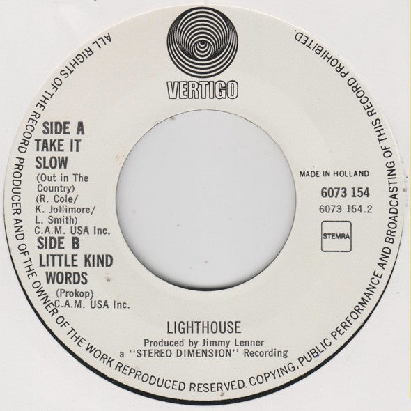 Lighthouse (2) : Take It Slow (Out In The Country) / Little Kind Words (7", Single)