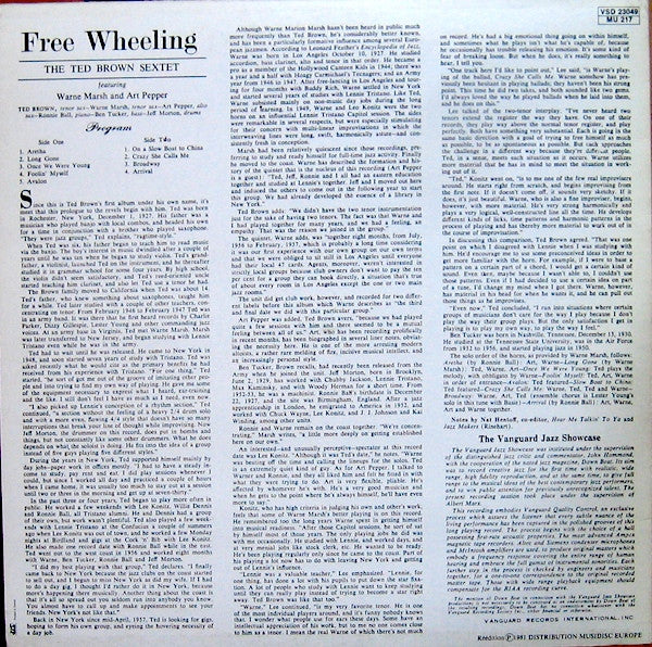 The Ted Brown Sextet featuring Warne Marsh and Art Pepper : Free Wheeling (LP, Album, RE)