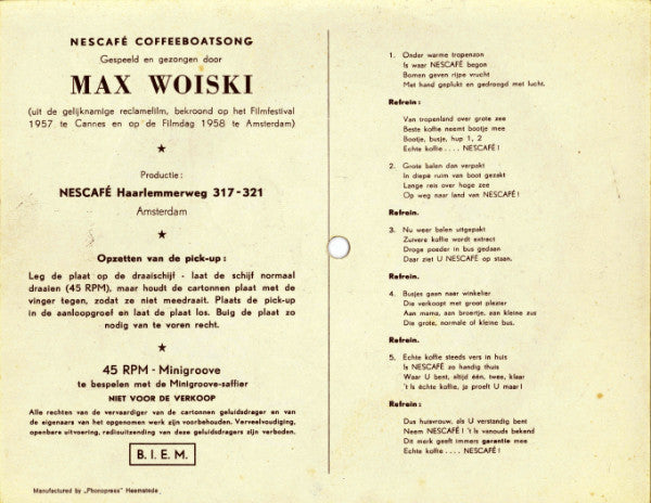 Max Woiski* : Nescafé Coffeeboatsong (Flexi, 6", S/Sided, Mono, Card, Pic)