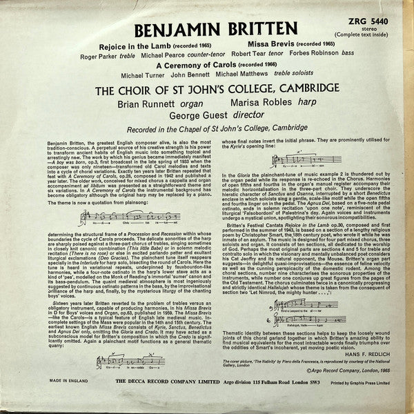 Benjamin Britten - The Choir Of St John's College Cambridge*, George Guest (2), Marisa Robles : Rejoice In The Lamb / Missa Brevis / A Ceremony Of Carols (LP, RE, RP)