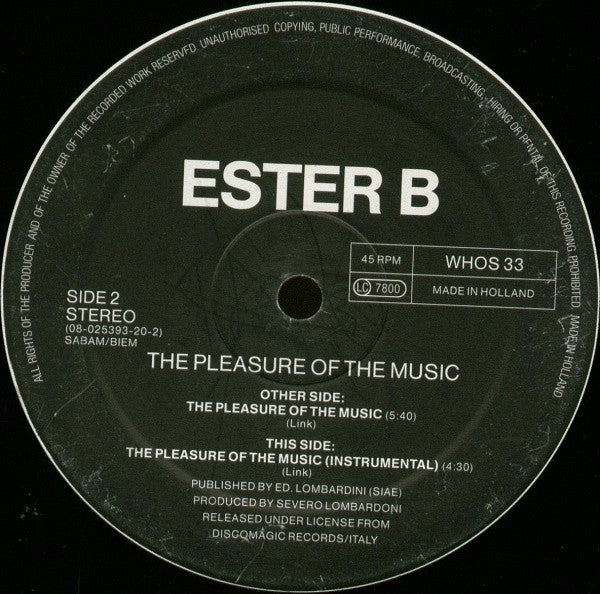 Ester B : The Pleasure Of The Music (12")