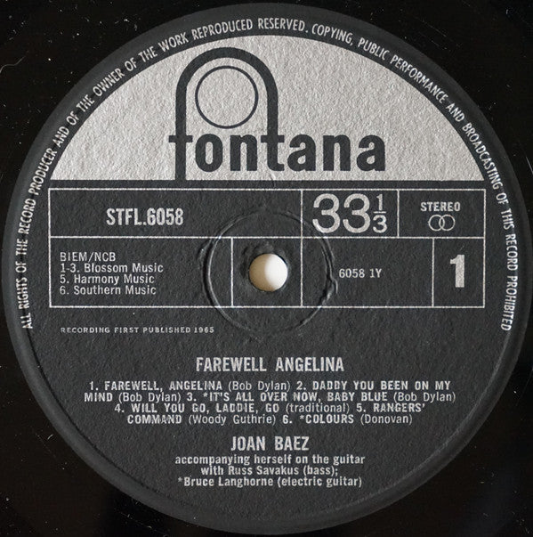 Joan Baez : Farewell, Angelina (LP, Album)