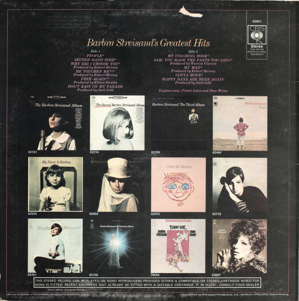 Barbra Streisand : Barbra Streisand's Greatest Hits (LP, Comp, Ora)