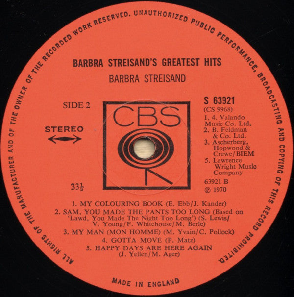 Barbra Streisand : Barbra Streisand's Greatest Hits (LP, Comp, Ora)