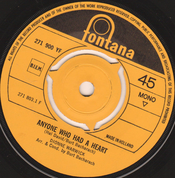 Dionne Warwick : Anyone Who Had A Heart / The Love Of A Boy (7", Single, Mono, Pus)