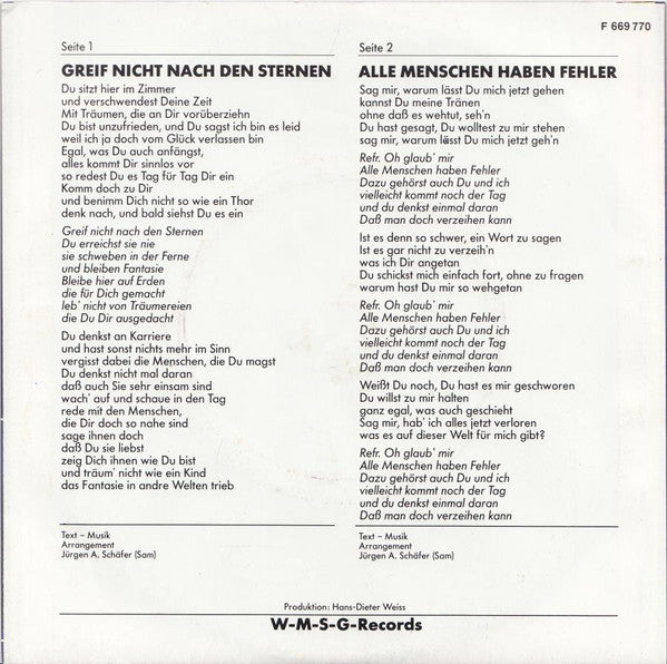 Sam-Samanta* : Greif Nicht Nach Den Sternen / Alle Menschen Haben Fehler (7")