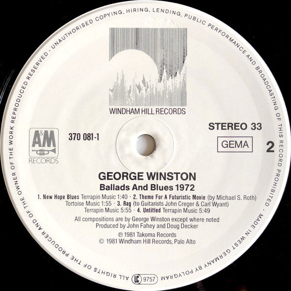 George Winston : Ballads And Blues 1972 (LP, Album, RE)