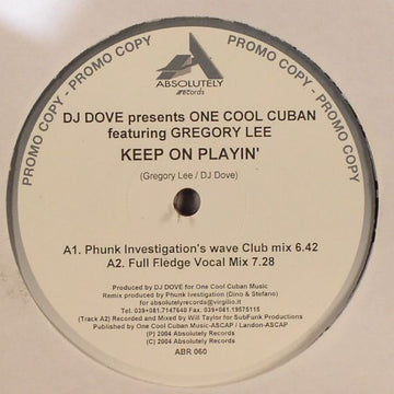 DJ Dove Presents One Cool Cuban Featuring Gregory Lee : Keep On Playin' (12", Promo)