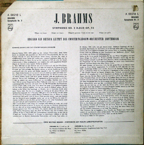 Johannes Brahms, Eduard van Beinum, Concertgebouworkest : Symphonie Nr. 2 D-dur Op. 73 (LP, Mono)