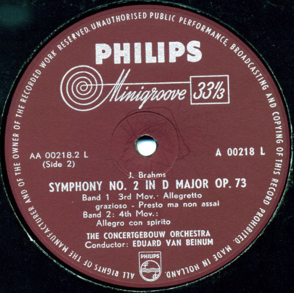Johannes Brahms, Eduard van Beinum, Concertgebouworkest : Symphonie Nr. 2 D-dur Op. 73 (LP, Mono)