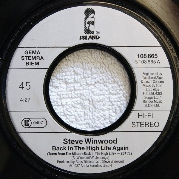 Steve Winwood : Back In The High Life Again (7", Single)