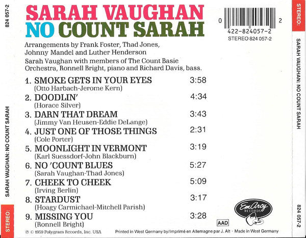 Sarah Vaughan : No Count Sarah (CD, Album, RE, RM)