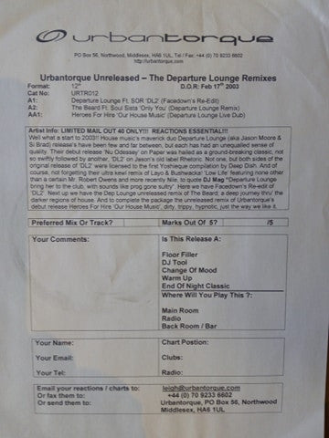 Various : Urbantorque Unreleased - The Departure Lounge Remixes (12")