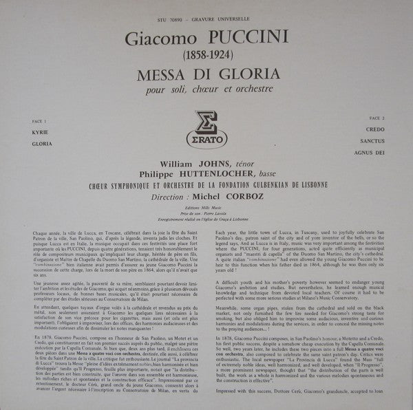 Giacomo Puccini - William Johns, Philippe Huttenlocher, Chorus Of The Gulbenkian Foundation Et Gulbenkian Orchestra, Michel Corboz : Messa Di Gloria (Pour Soli, Chœur Et Orchestre) (LP, Album)