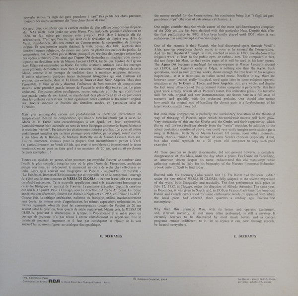 Giacomo Puccini - William Johns, Philippe Huttenlocher, Chorus Of The Gulbenkian Foundation Et Gulbenkian Orchestra, Michel Corboz : Messa Di Gloria (Pour Soli, Chœur Et Orchestre) (LP, Album)