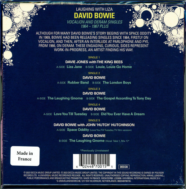 David Bowie : Laughing With Liza (The Vocalion And Deram Singles 1964-1967 Plus) (Box, RSD, Comp, Ltd + 5x7", Single)