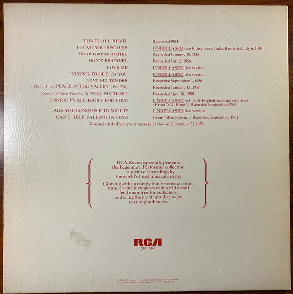 Elvis Presley : A Legendary Performer - Volume 1 (LP, Comp, Ora)