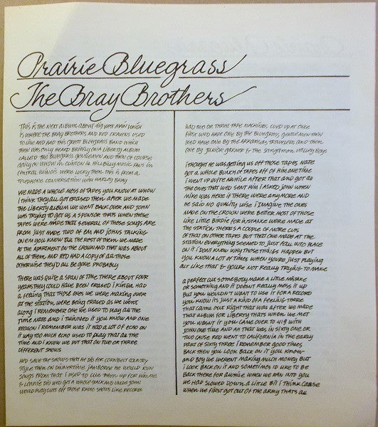 The Bray Brothers With Red Cravens : Prairie Bluegrass (LP, Album)