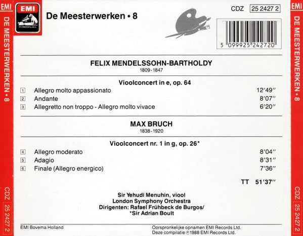 Felix Mendelssohn-Bartholdy & Max Bruch, Yehudi Menuhin, London Symphony Orchestra, Rafael Frühbeck De Burgos - Sir Adrian Boult : Vioolconcerten (CD, Album, Comp)